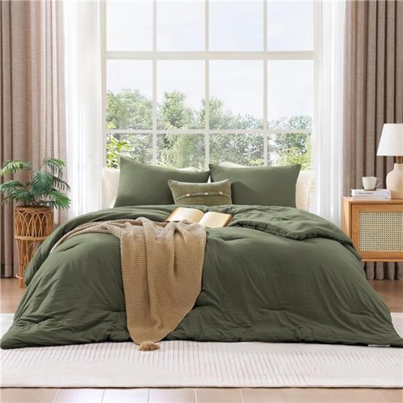 Queen Comforter Set - 3 Pieces Prewashed Olive Green Comforter Soft Lightweight - Picture 3 of 7